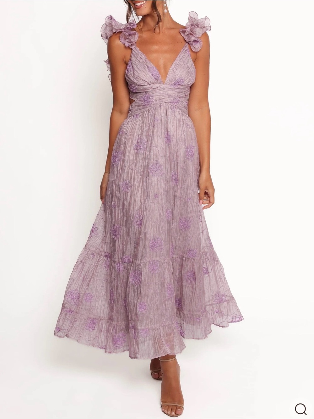 Petal & Pup Lilac Ruffle-Shoulder Backless Maxi Dress